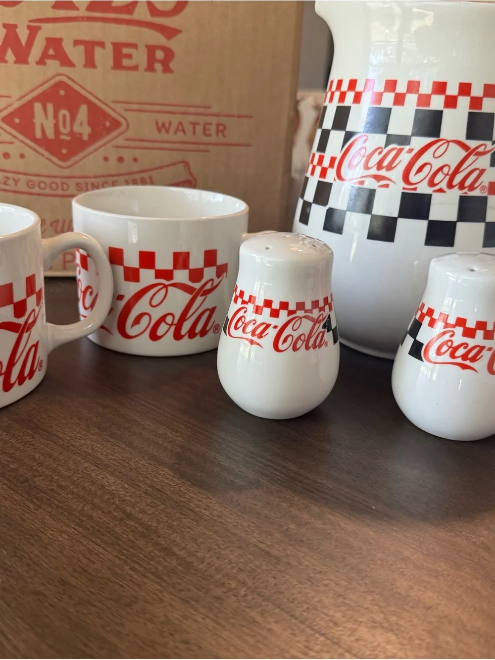 Coca Cola White Ceramic Pitcher and Mug Set with Red Checker Trim